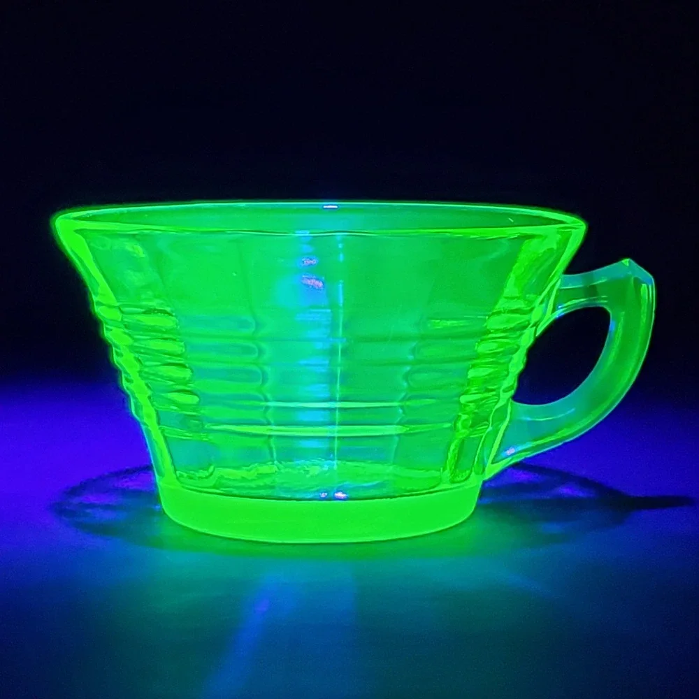 Vintage Green Uranium Glass Ribbed Teacup Vaseline Depression Glass Glows UV